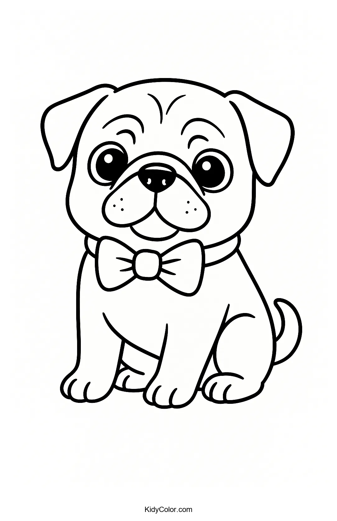 Coloring page of a pug puppy with a bowtie
