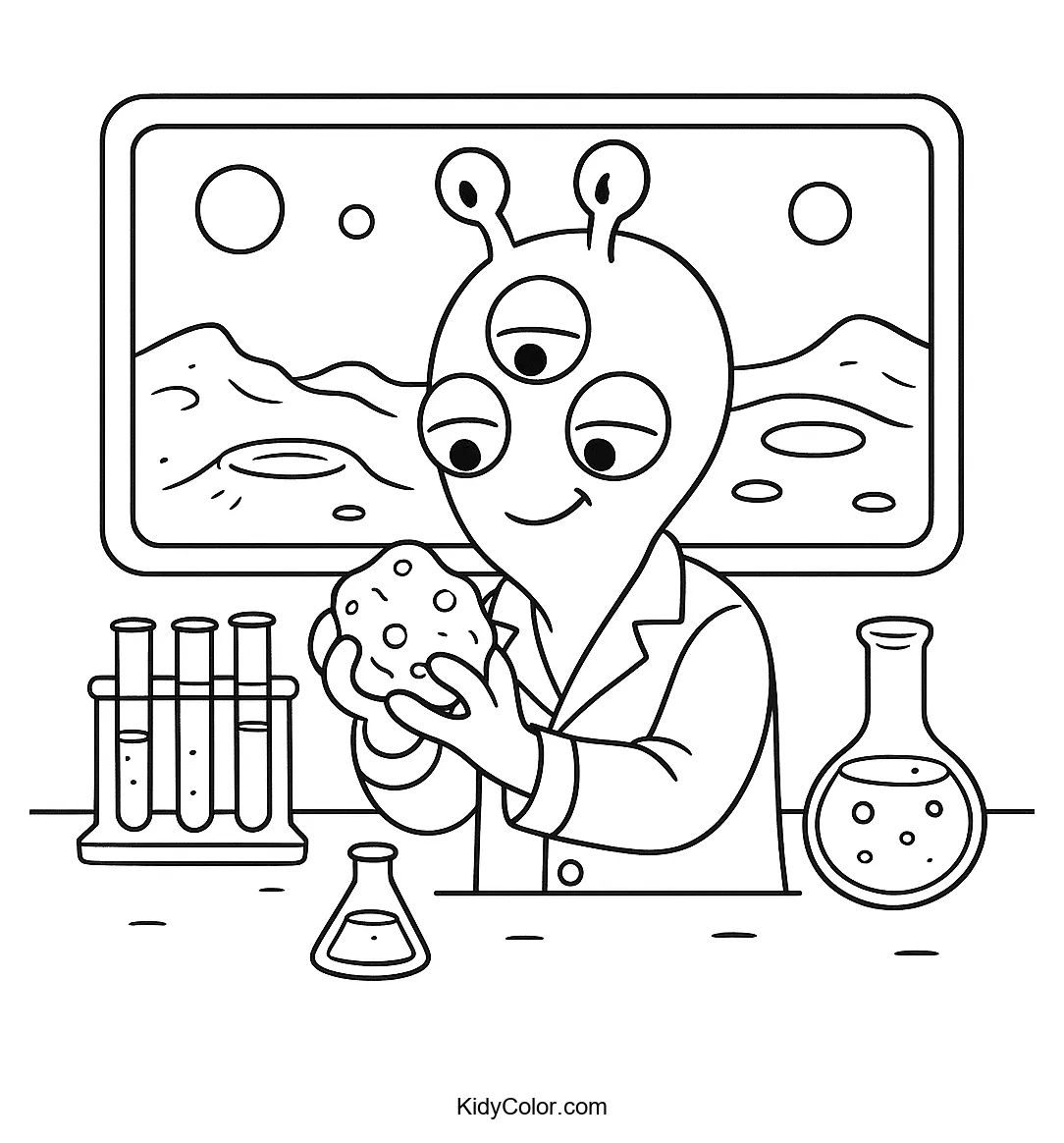 Alien scientist in a Martian lab coloring page