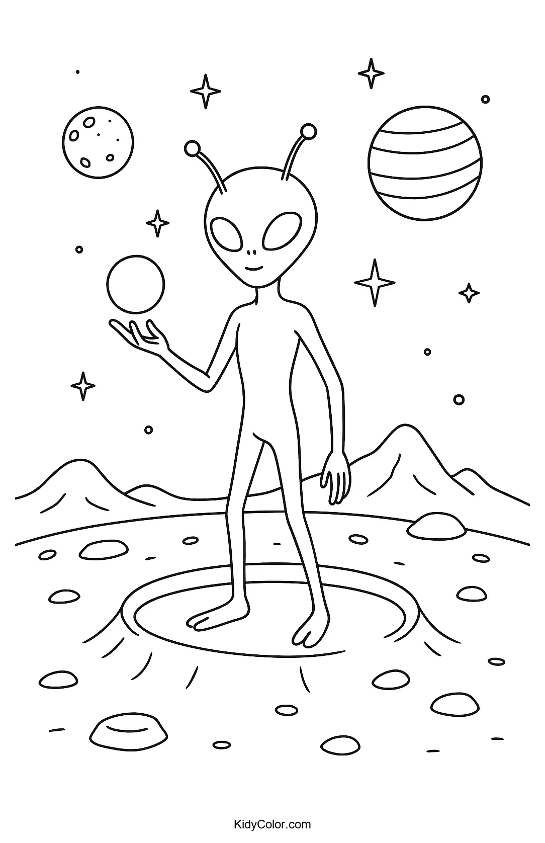 Alien in a crater holding a glowing orb