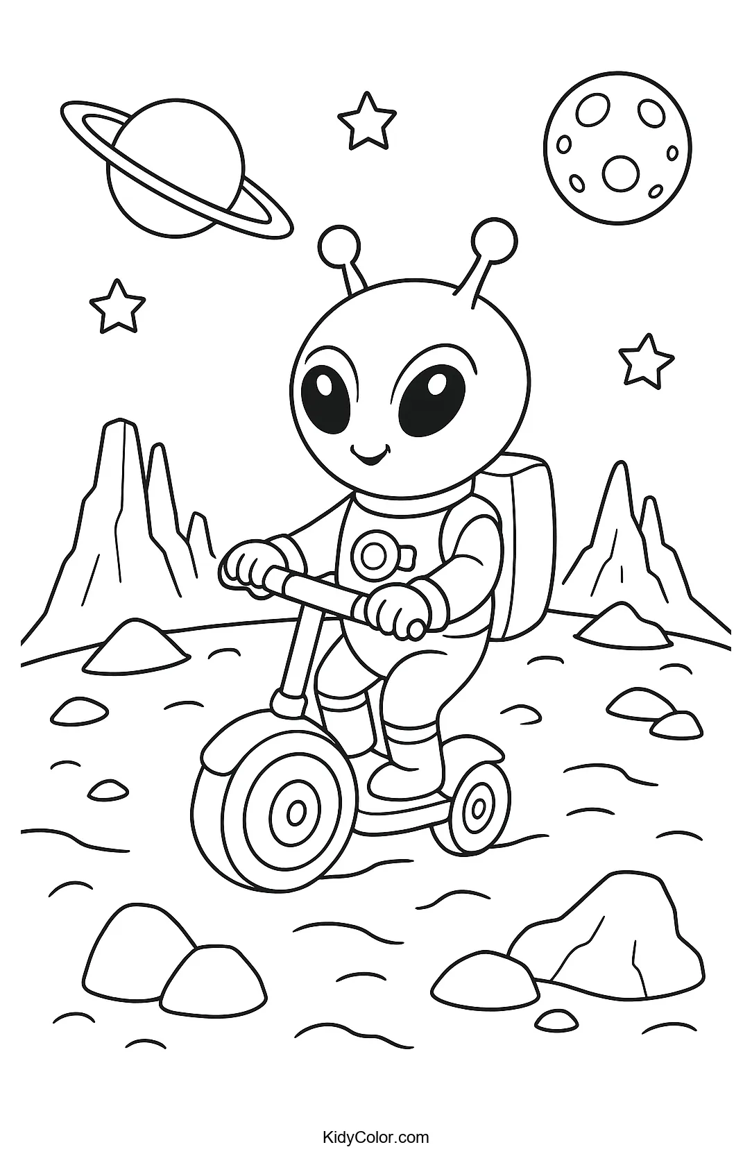 Alien riding a space scooter in space