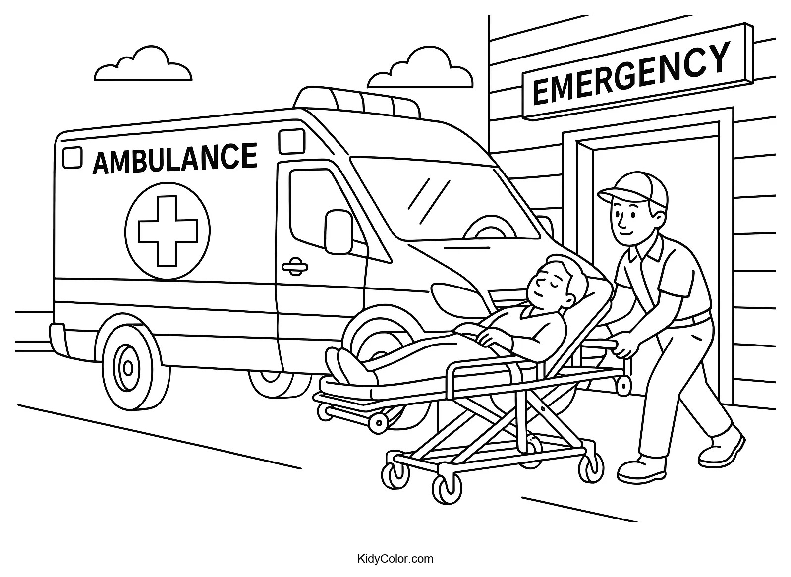 Ambulance arrives at the emergency department coloring page