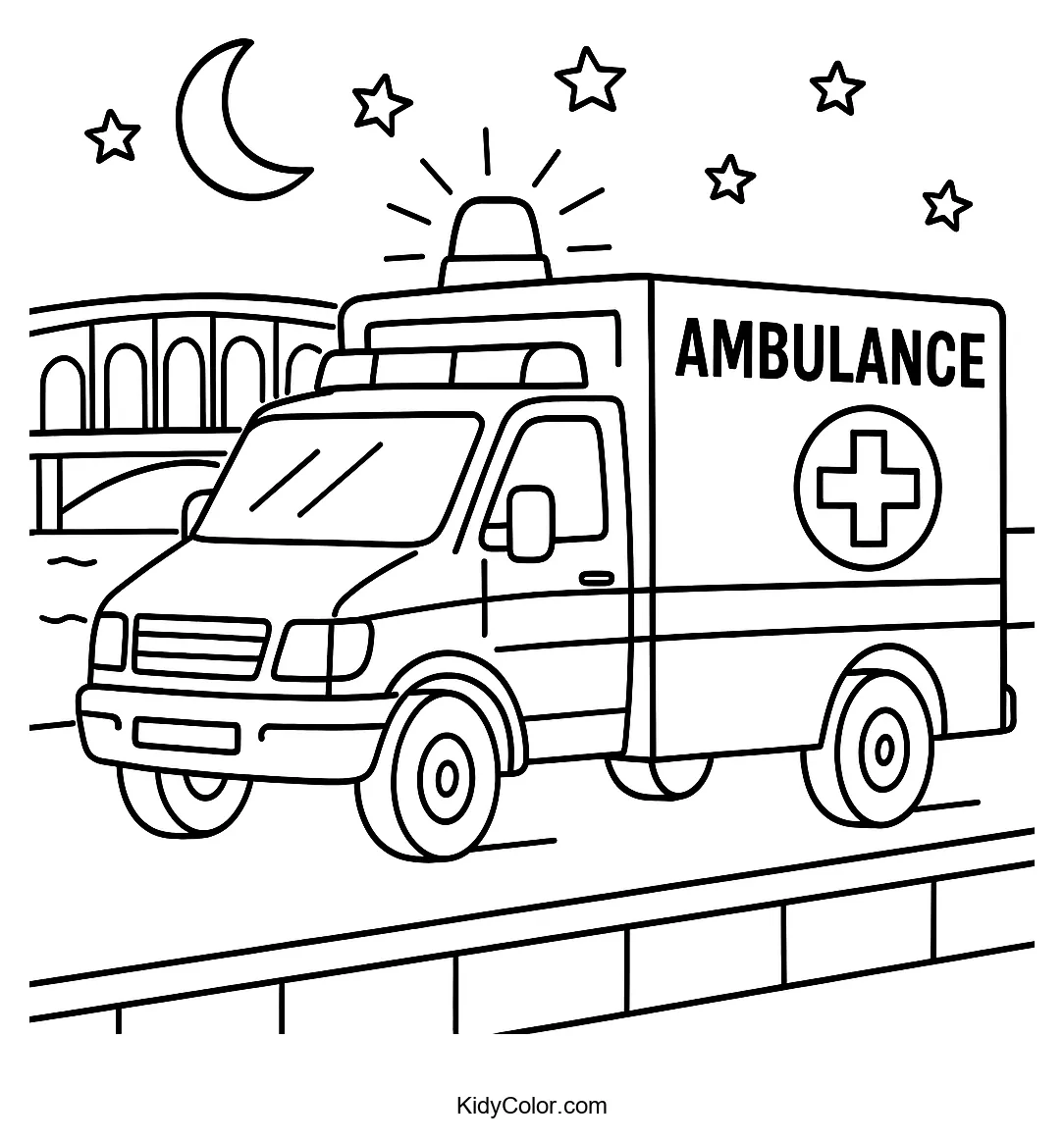 Ambulance on a bridge at night coloring page