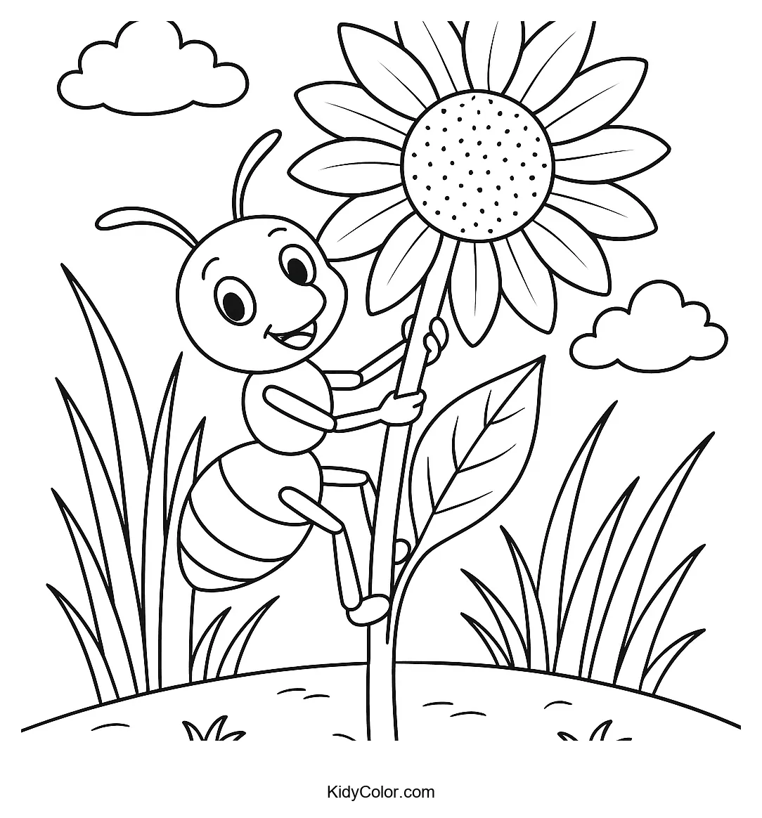 Ant climbing a sunflower stem