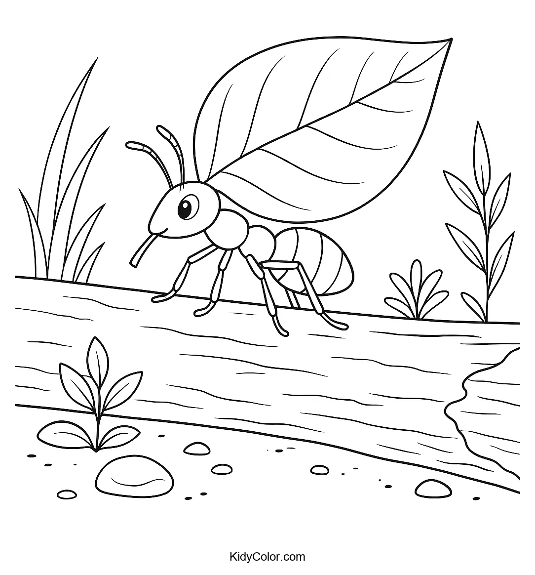 Ant carrying a leaf on a fallen log