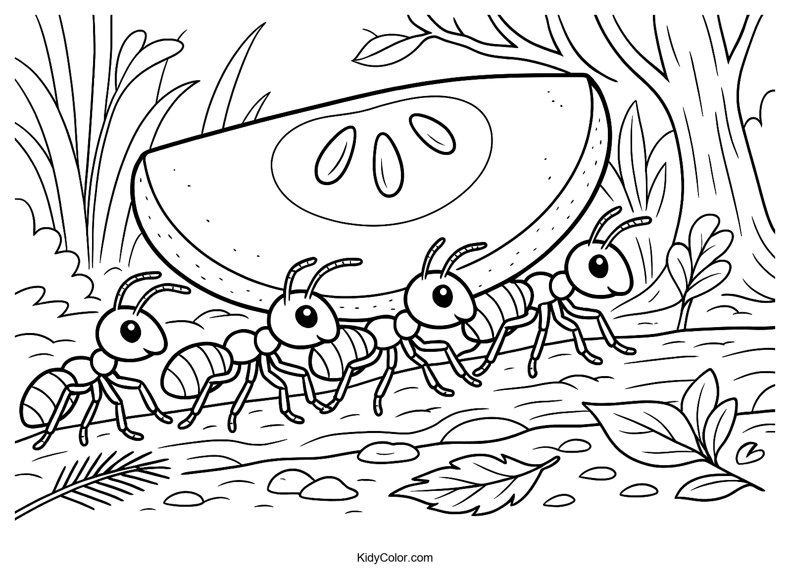 Ants carrying an apple through a forest