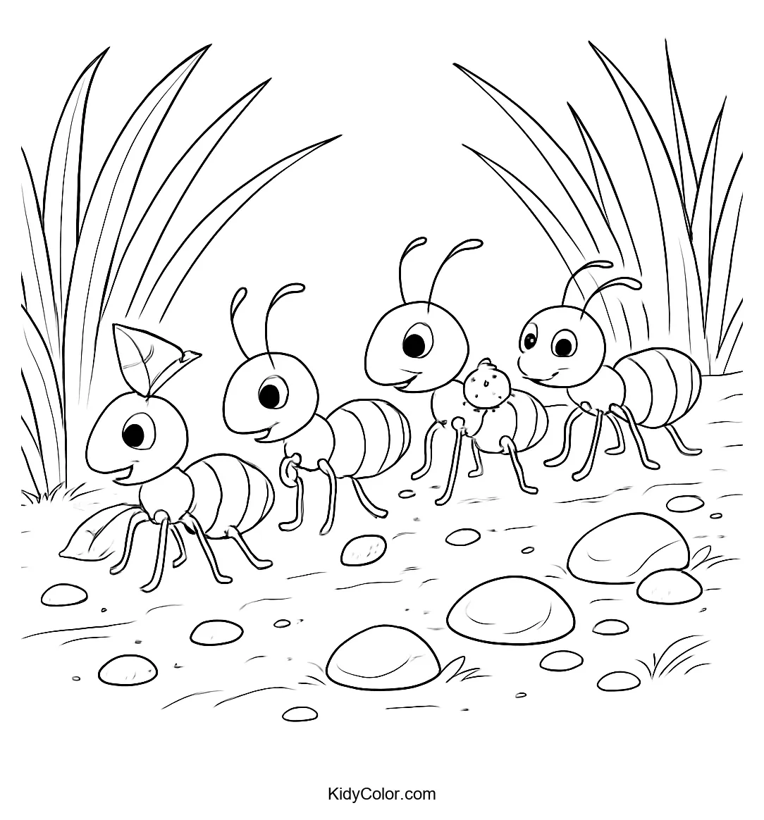 Ants marching along a path coloring page