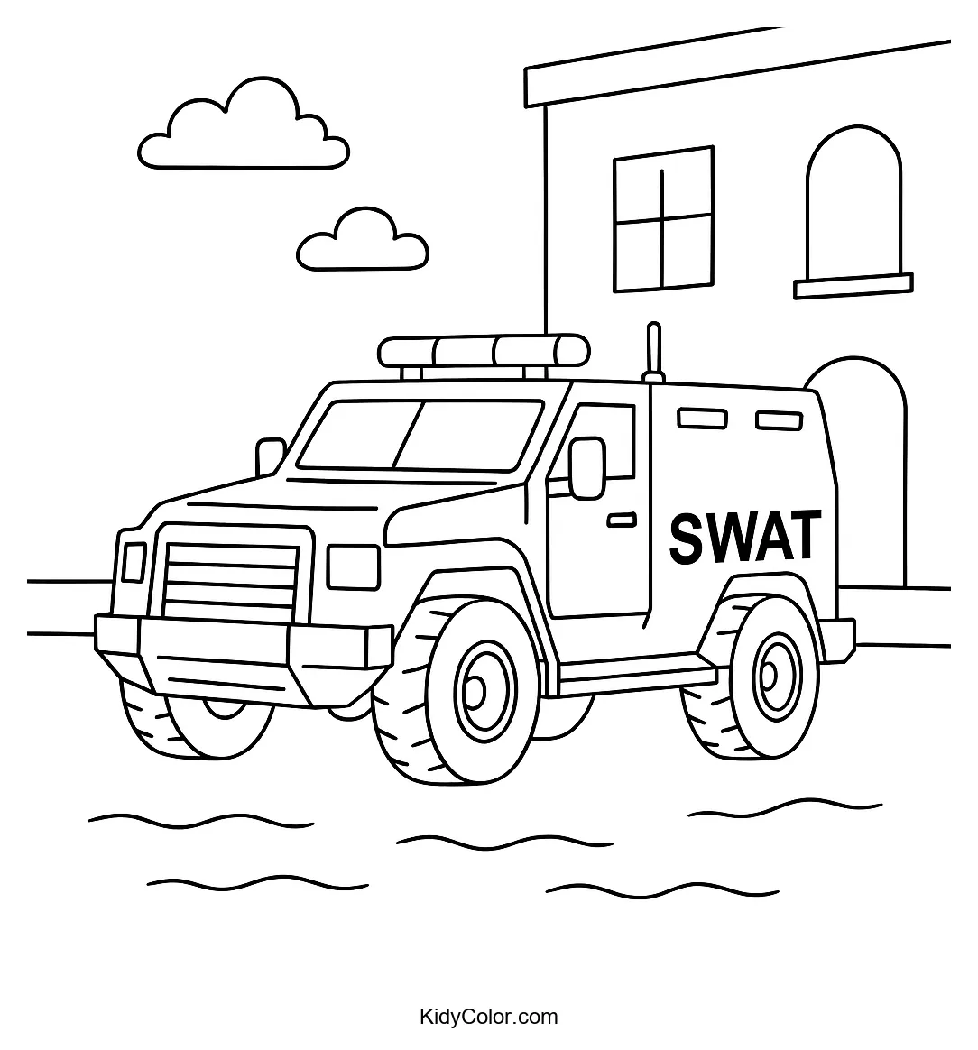 Armored vehicle outside a building coloring page
