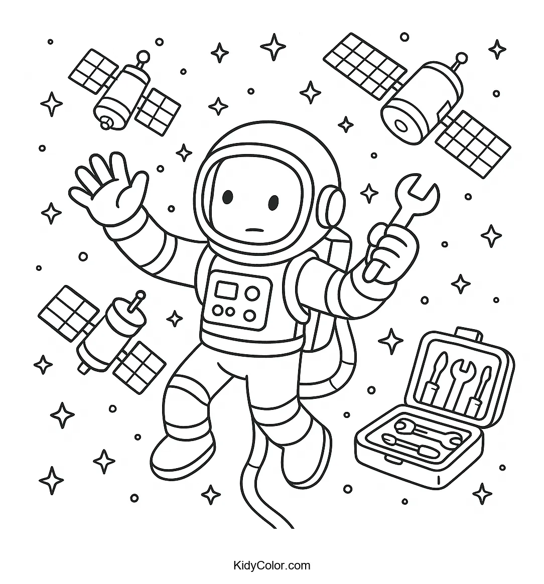 Astronaut floating in space with a starry background.