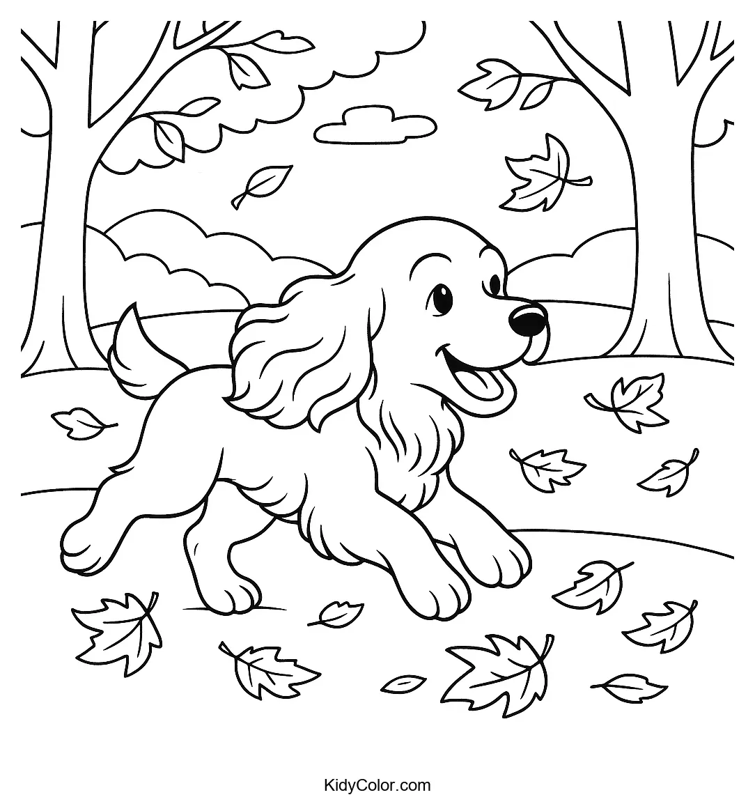 Cocker Spaniel running through autumn leaves