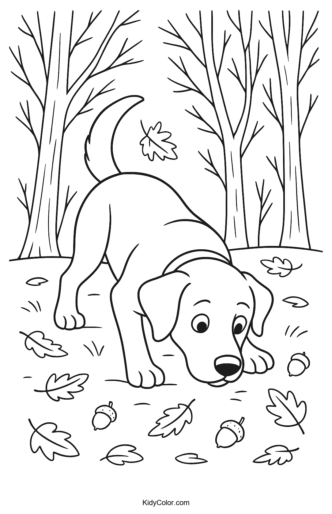 Coloring page of a character sniffing in an autumn forest