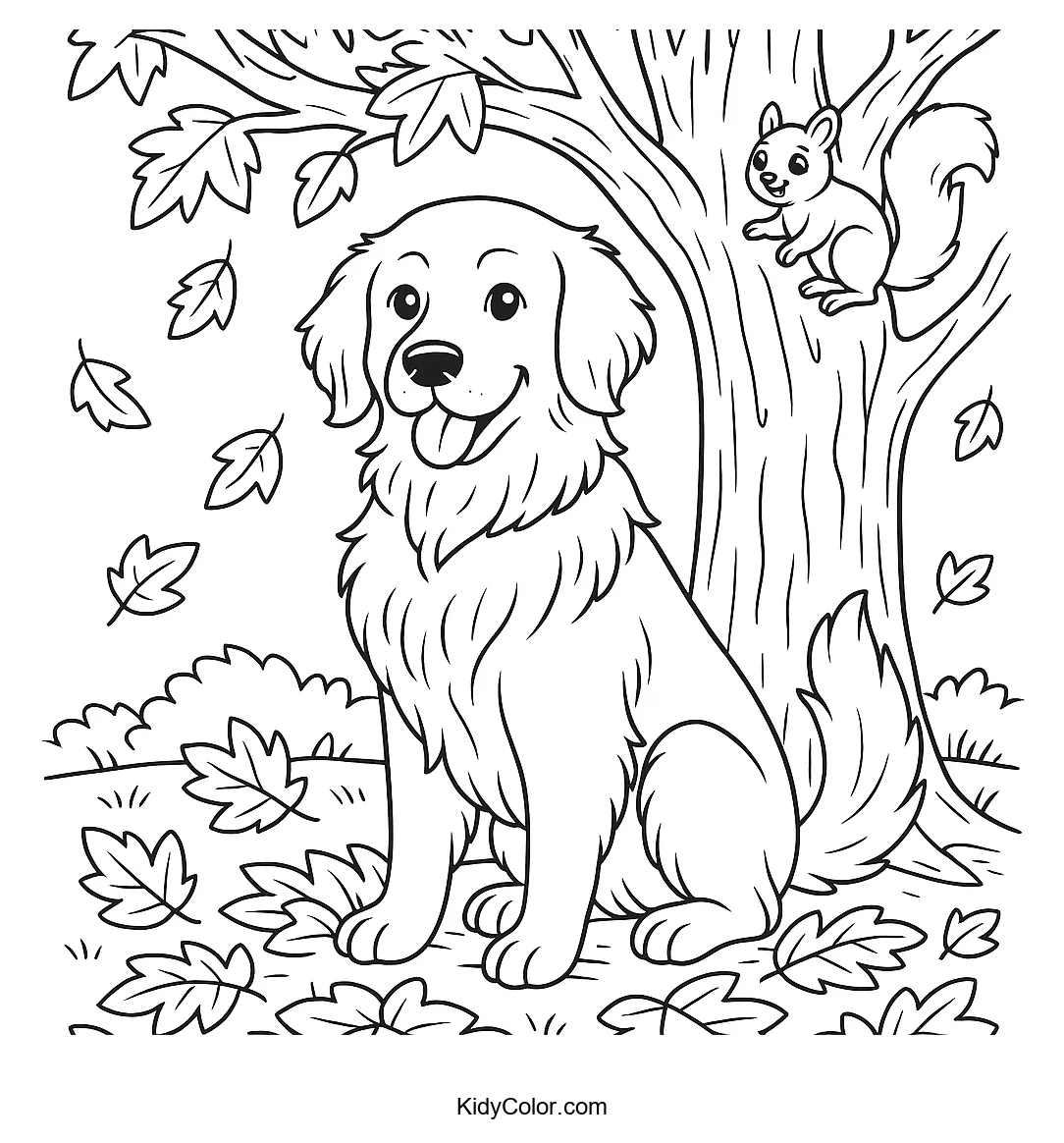 Child walking a Golden Retriever in autumn