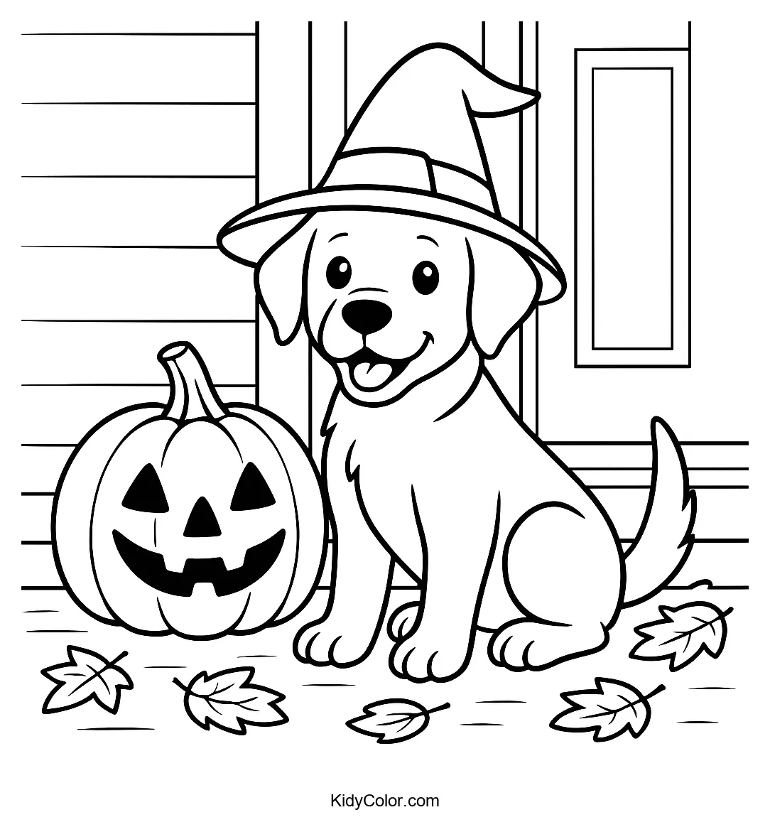 Coloring page of a puppy dressed as a witch on a porch in autumn.