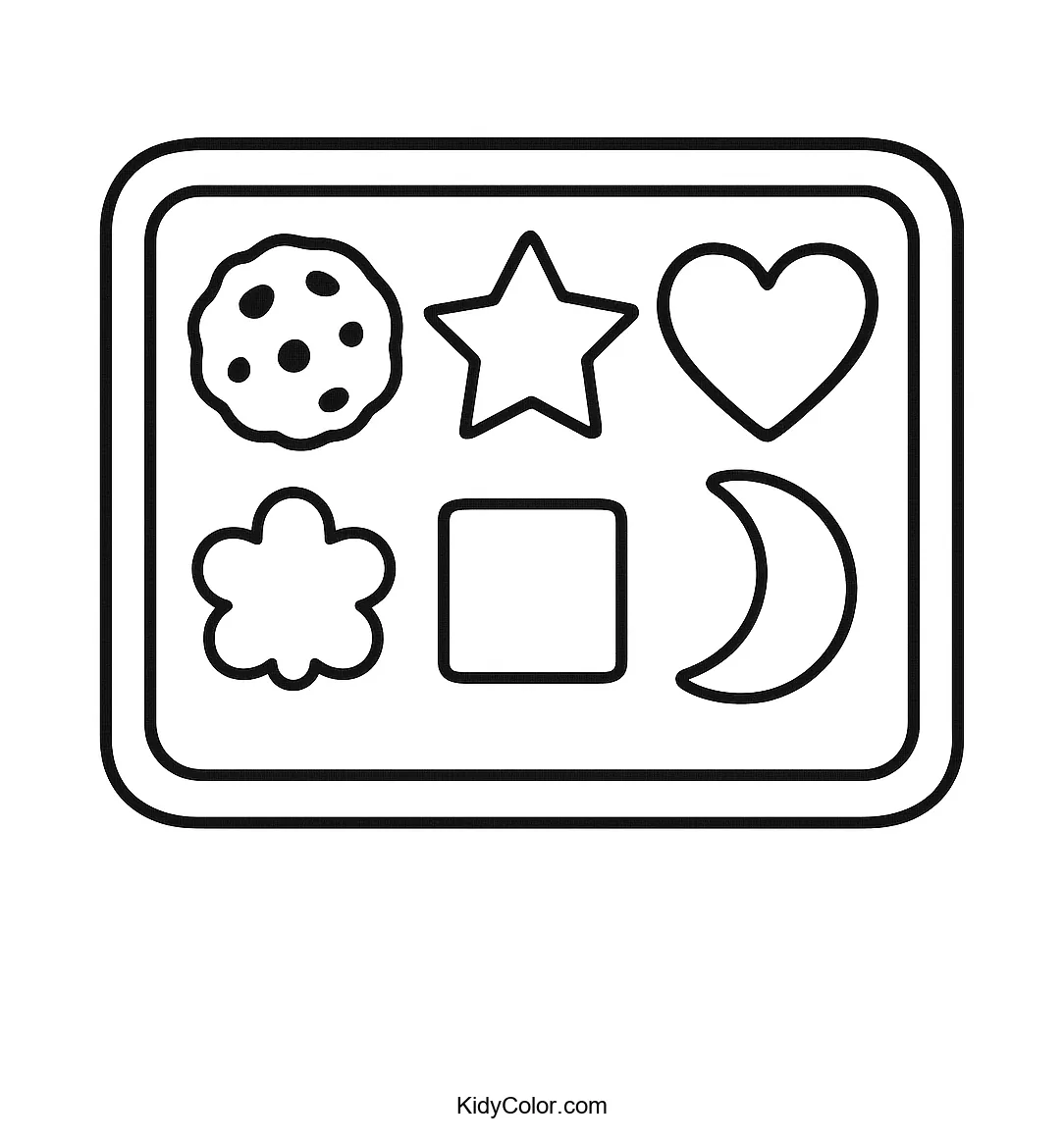 Coloring page of a baking sheet with playful cookies.
