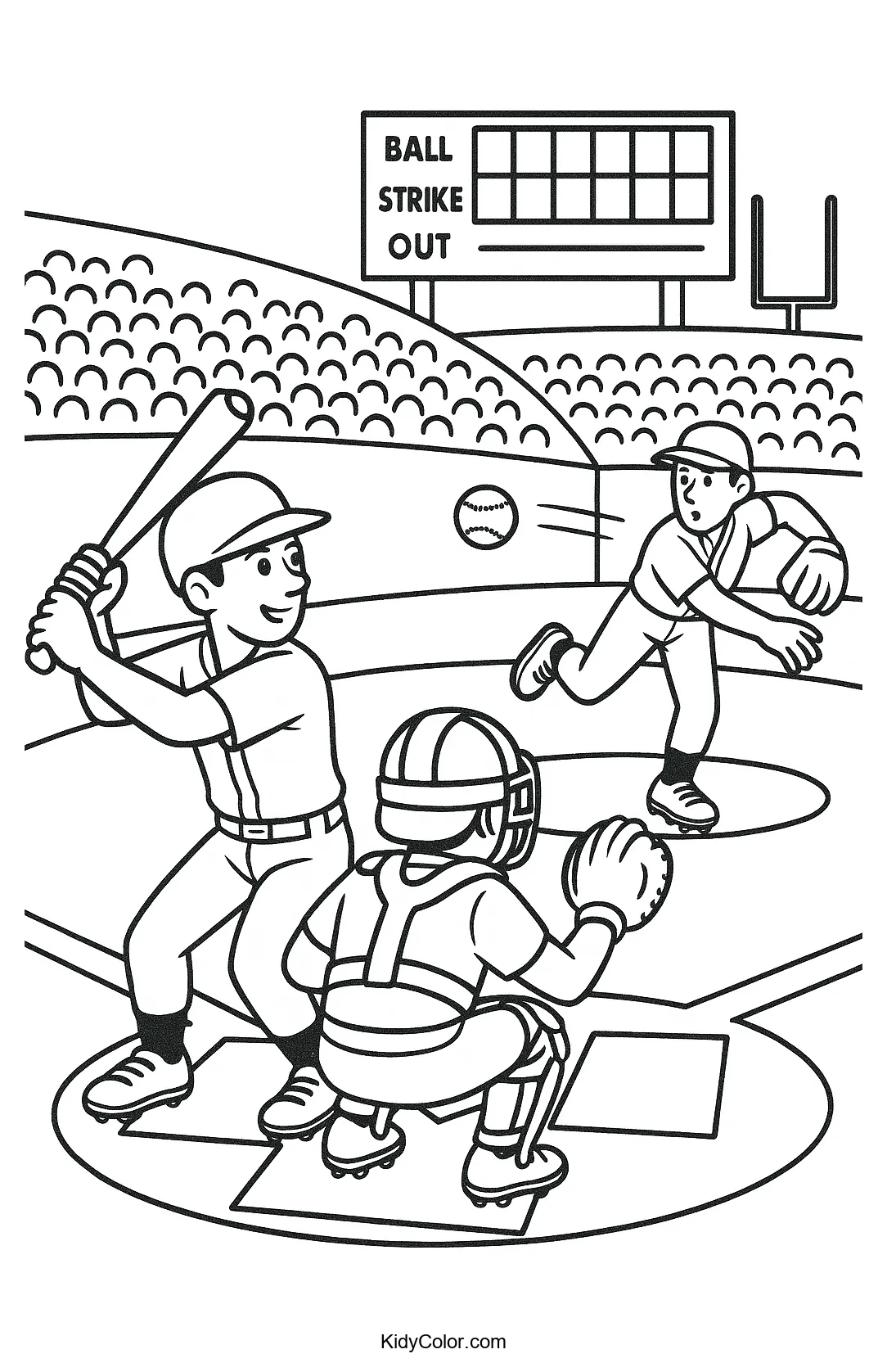 Kids coloring page of a baseball game in action