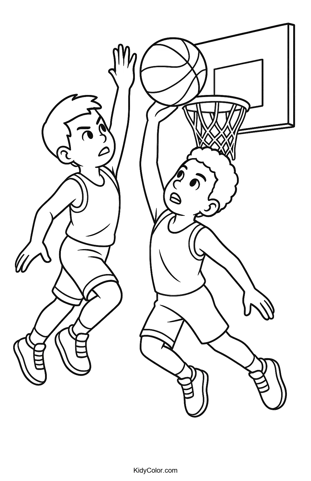 Two basketball players in a mid-air duel.
