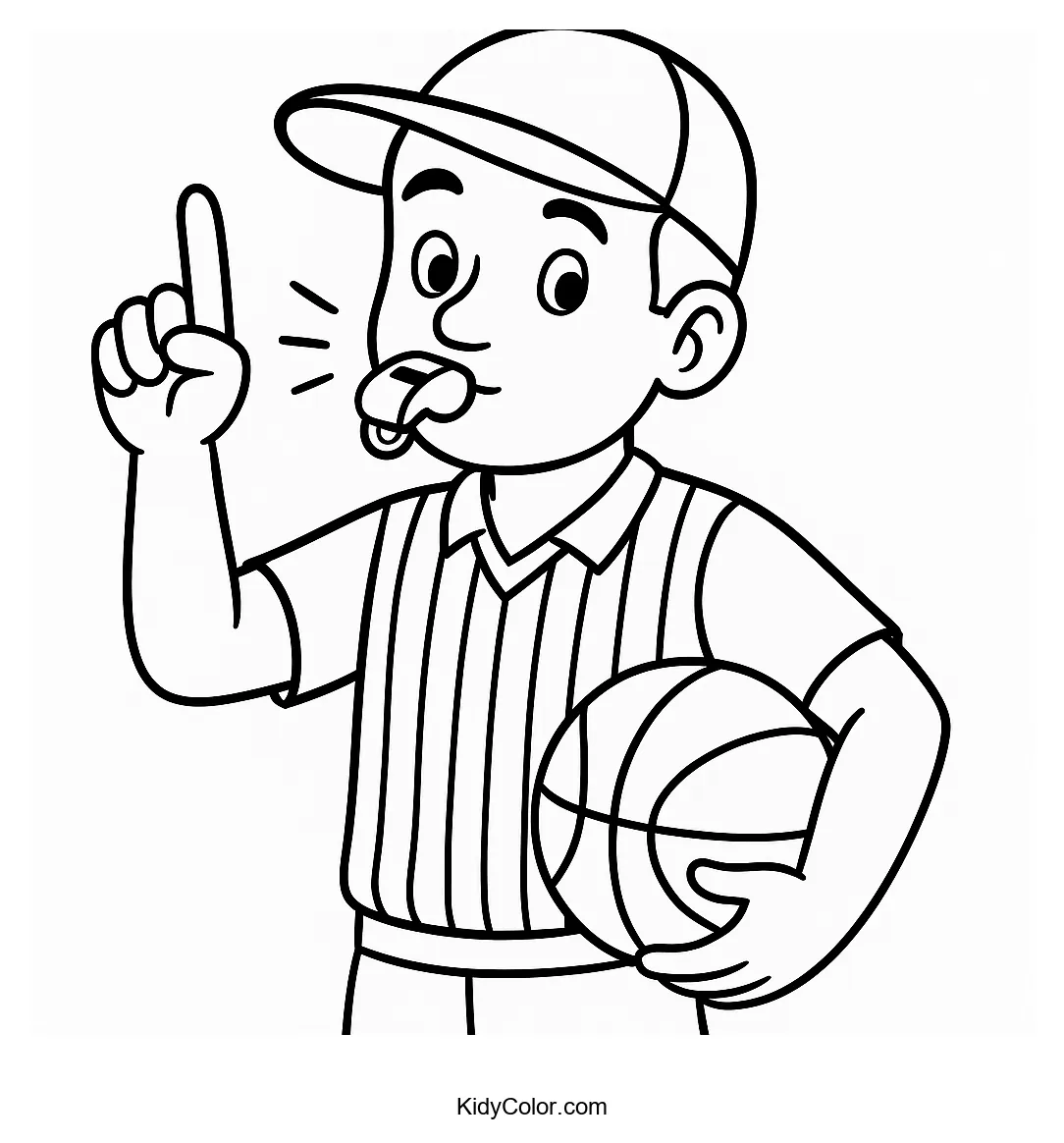 Coloring page of a basketball referee whistling.