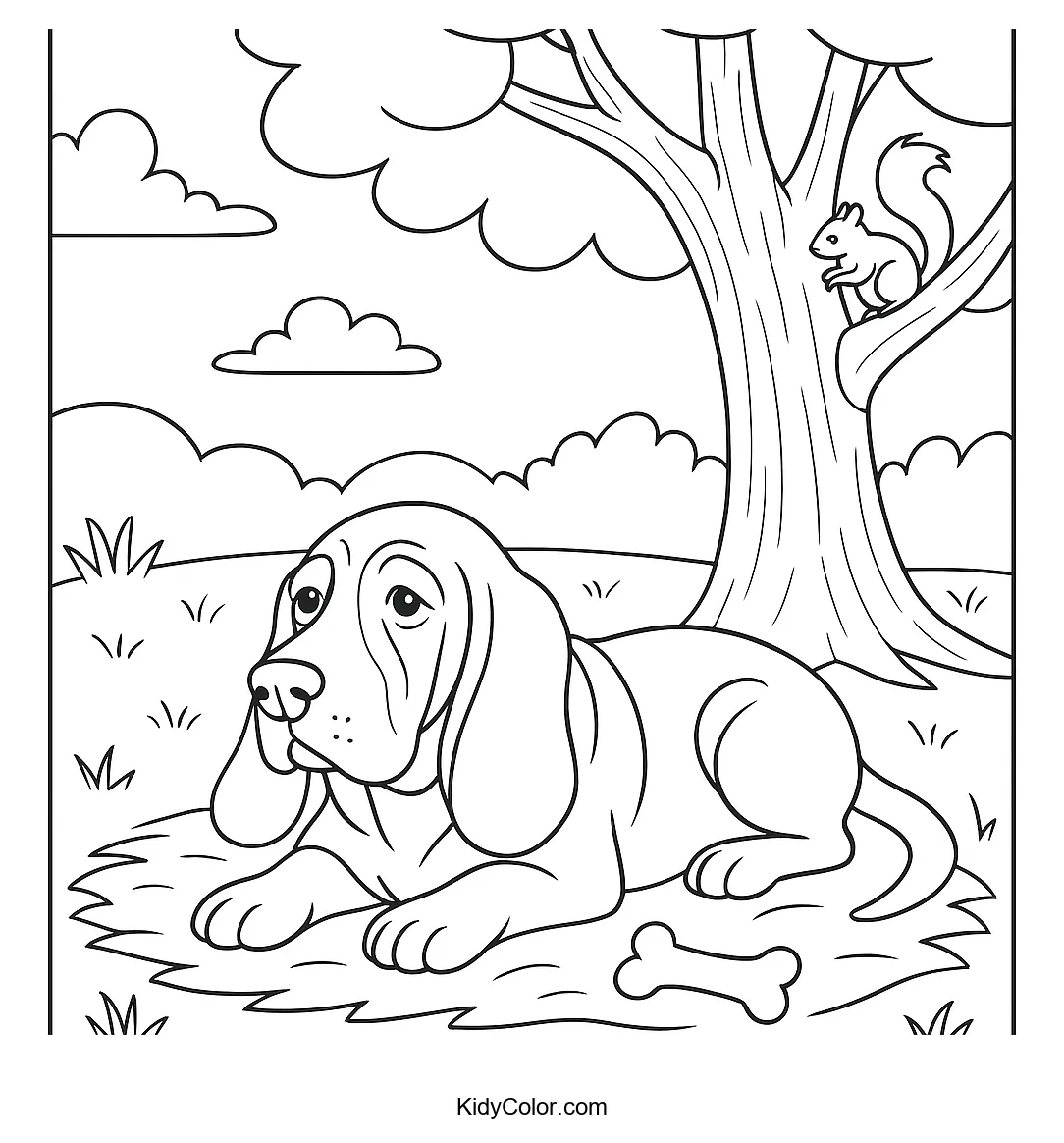 Basset Hound under a tree coloring page