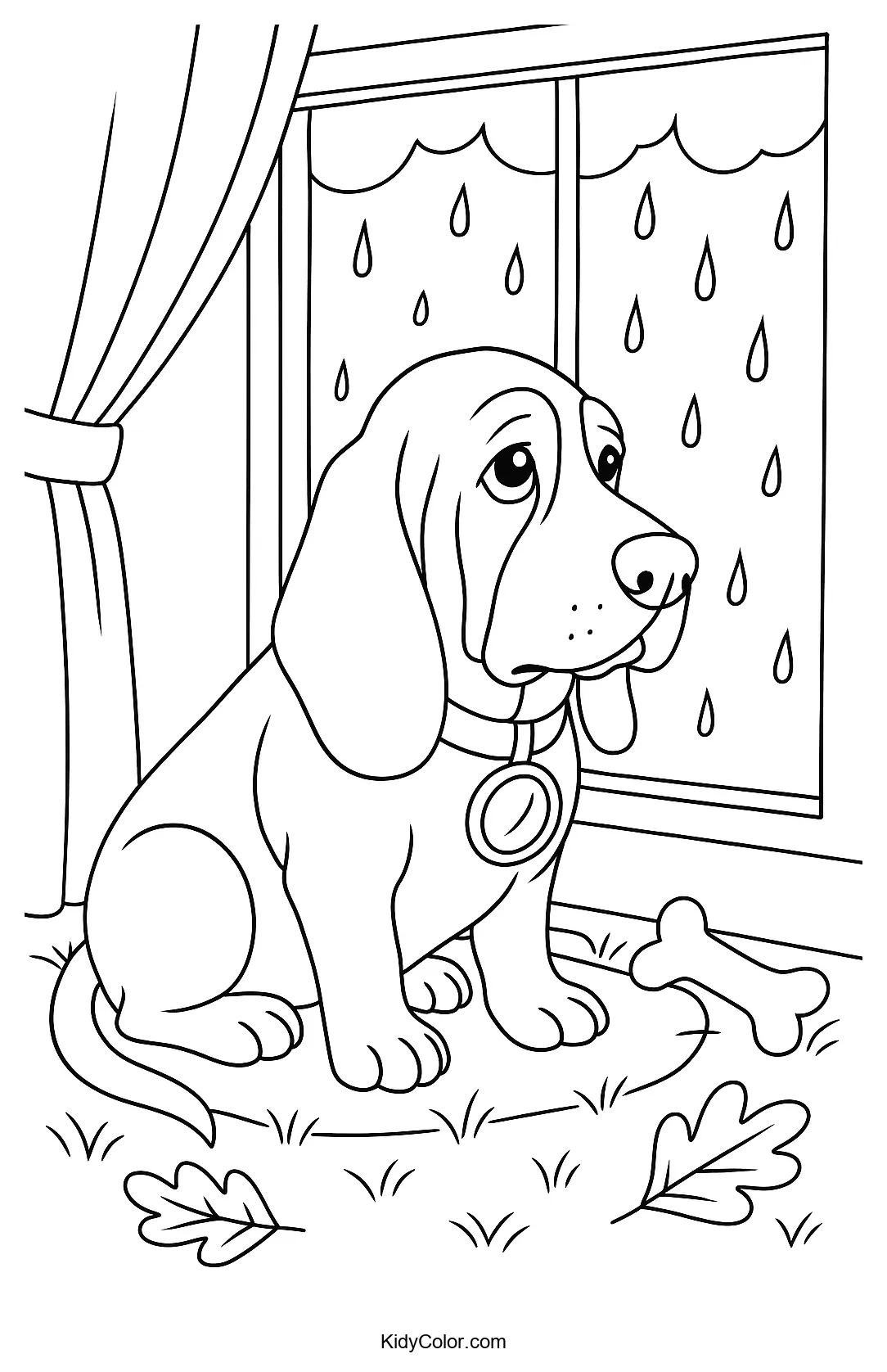 Basset Hound watching rain coloring page