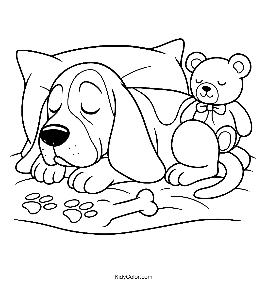 Basset Hound and teddy bear sleeping