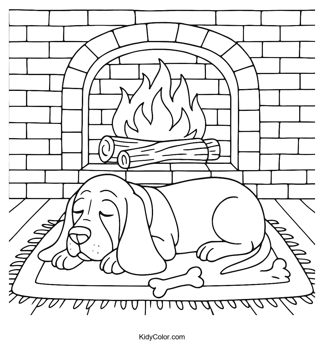 Basset Hound lying by a fireplace coloring page