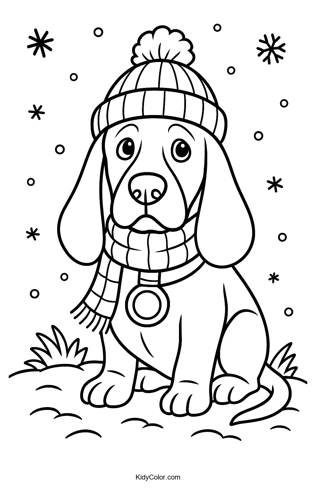 Basset Hound in a snowy winter landscape coloring page