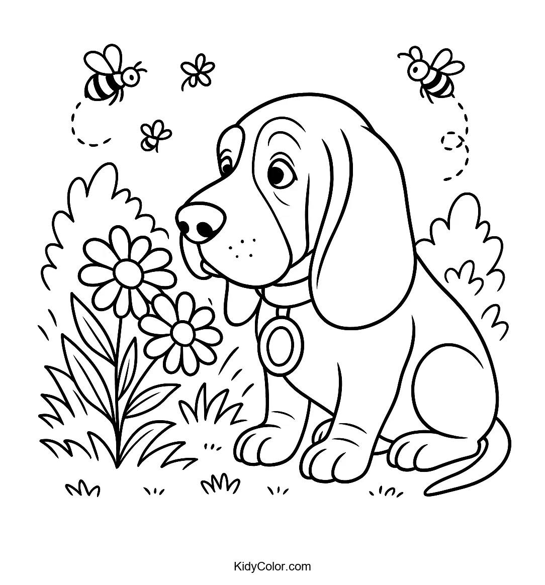 Basset Hound in a flower garden