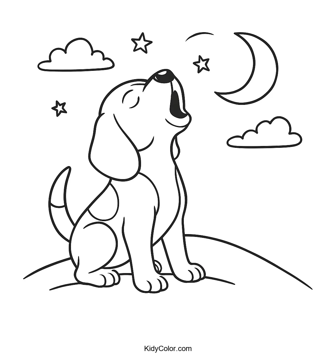 Beagle howling at the crescent moon