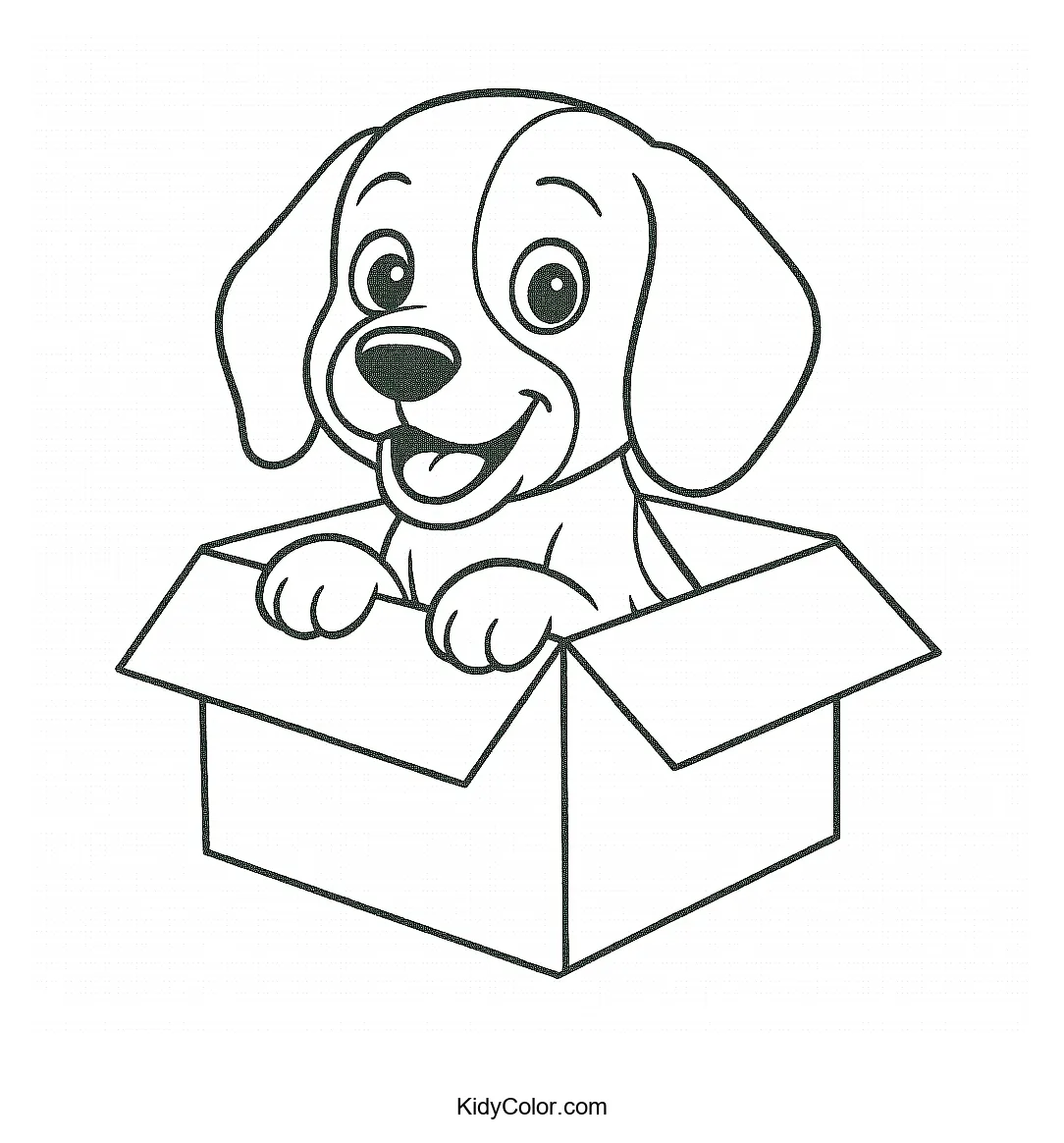 Beagle puppy in a cardboard box coloring page