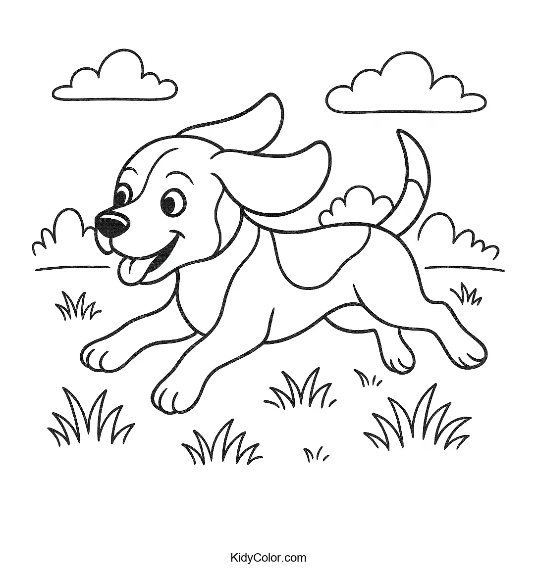 Beagle running through a field coloring page
