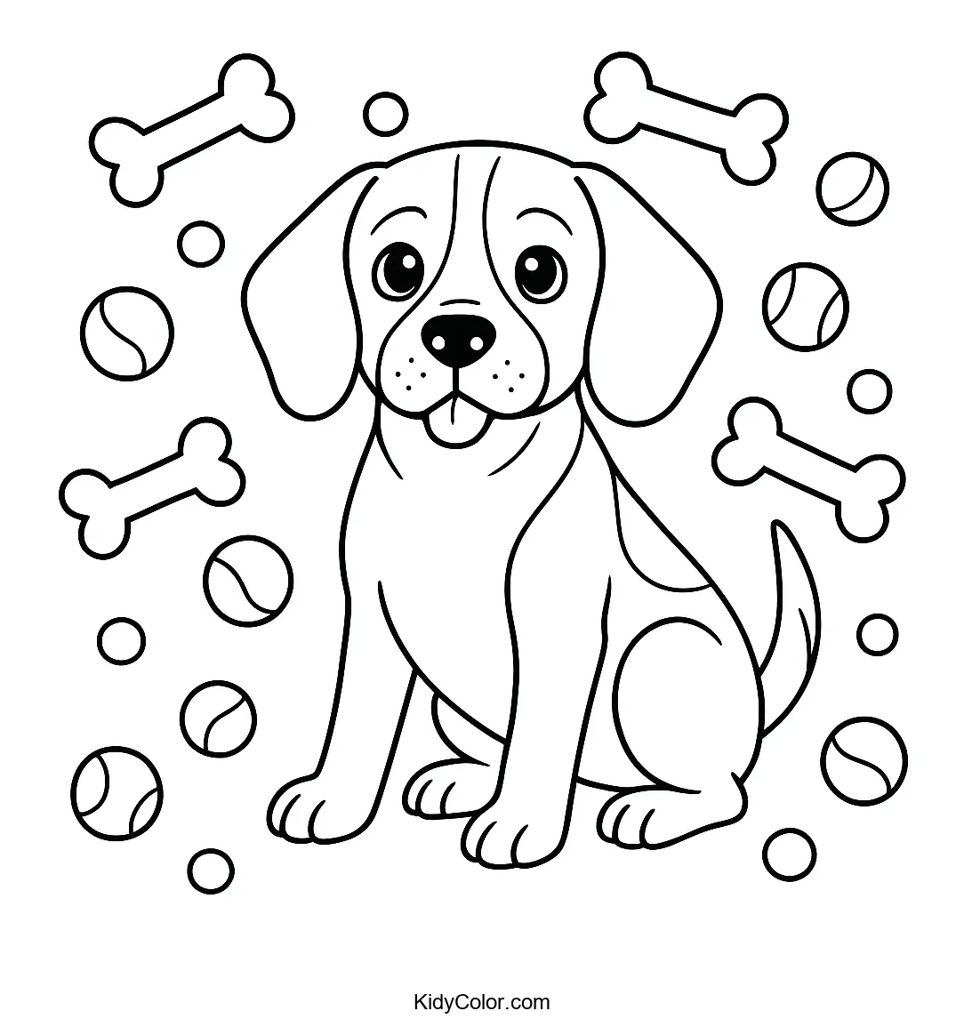 Beagle puppy with toys coloring page