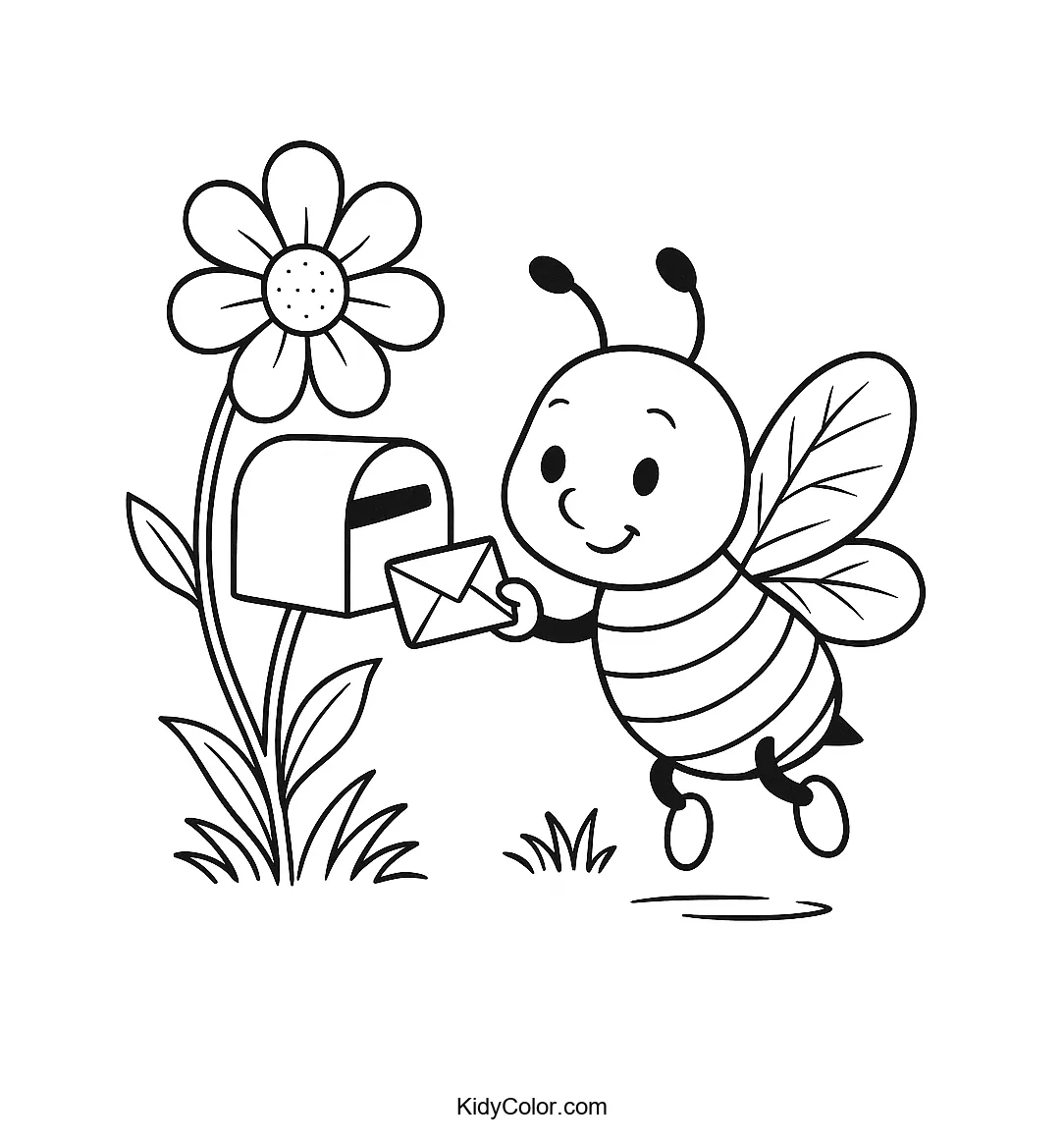 Bee delivering mail to a flower mailbox