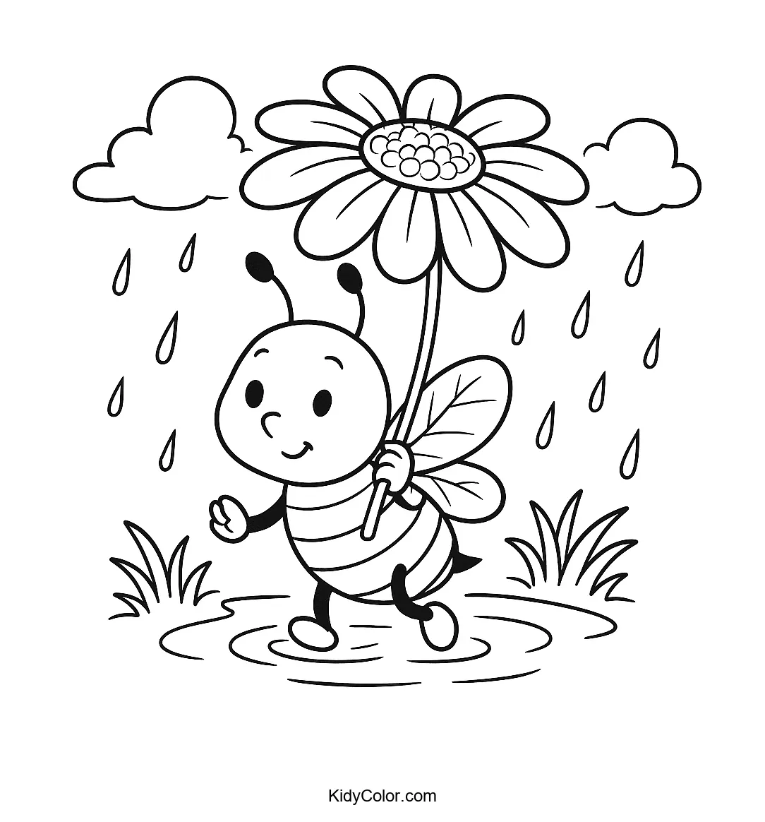 A bee under a daisy in the rain