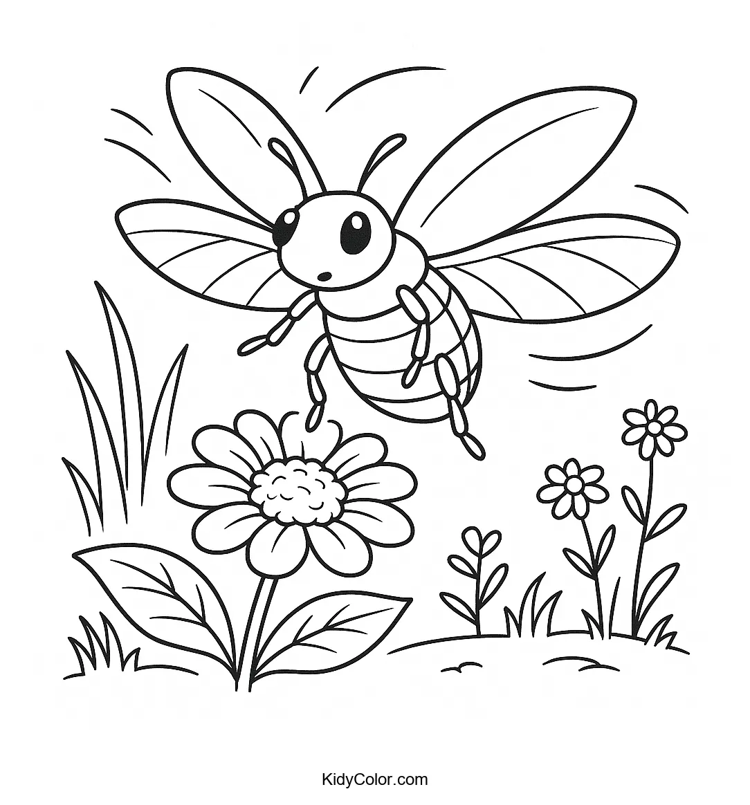 Beetle flying over a blooming flower