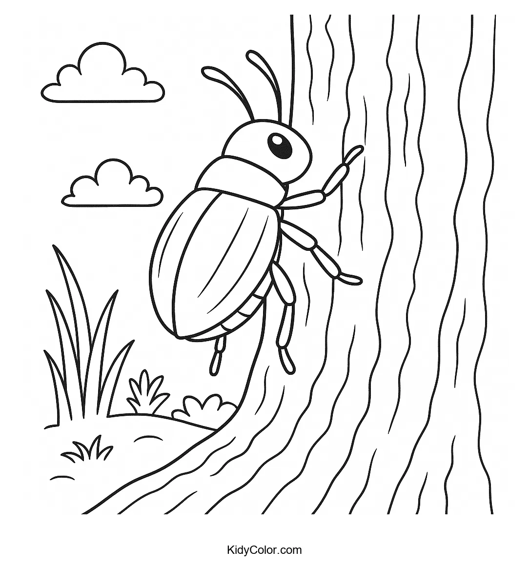 Beetle on a tree trunk coloring page