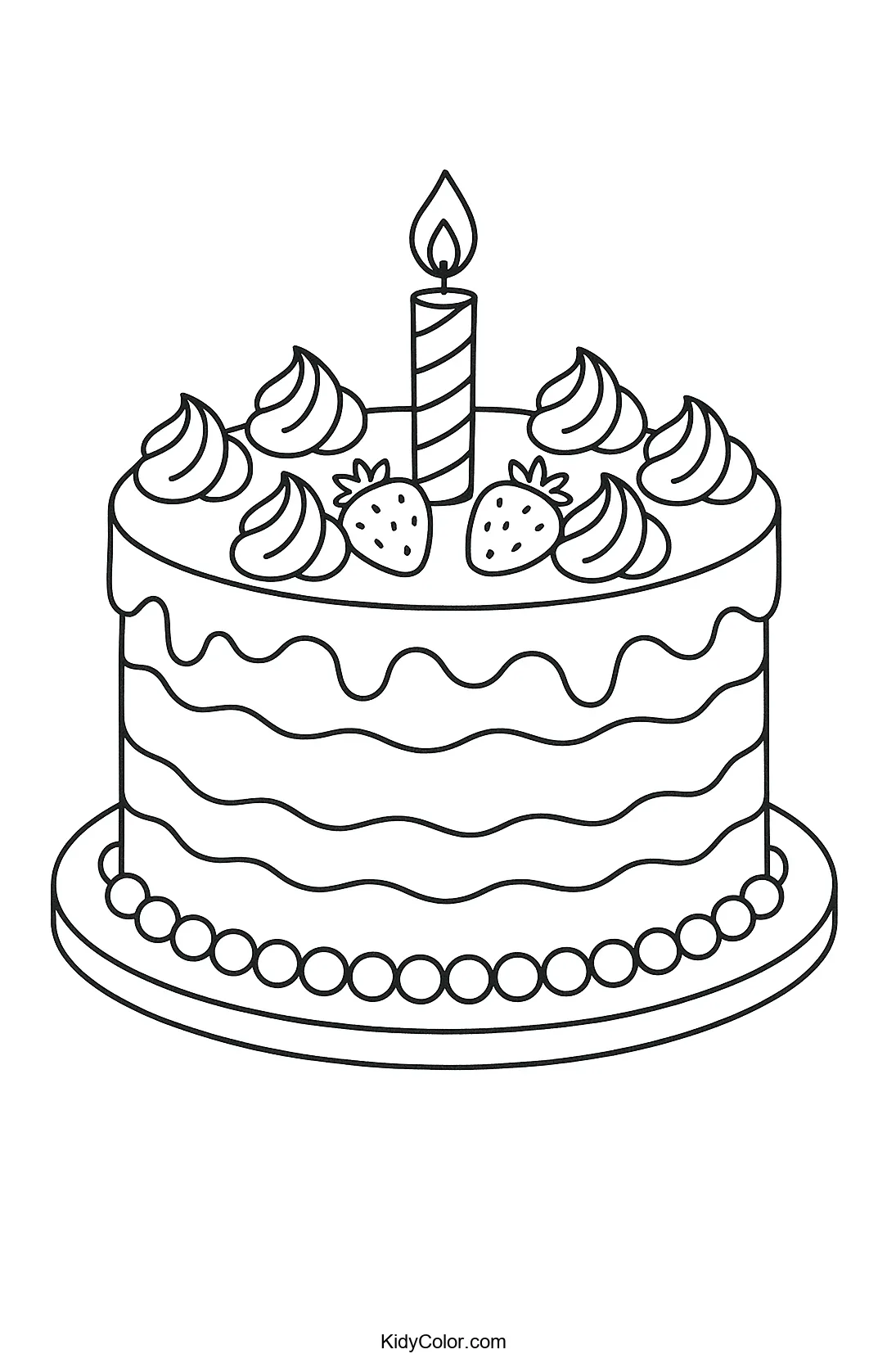 Birthday cake with a candle and strawberries coloring page