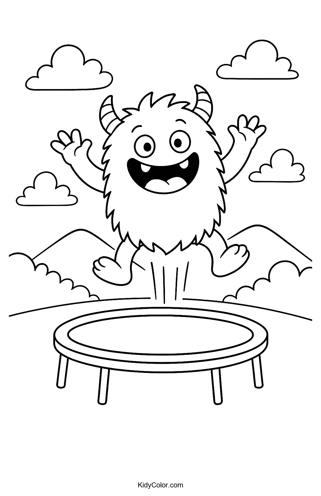 Monster bouncing on a trampoline coloring page
