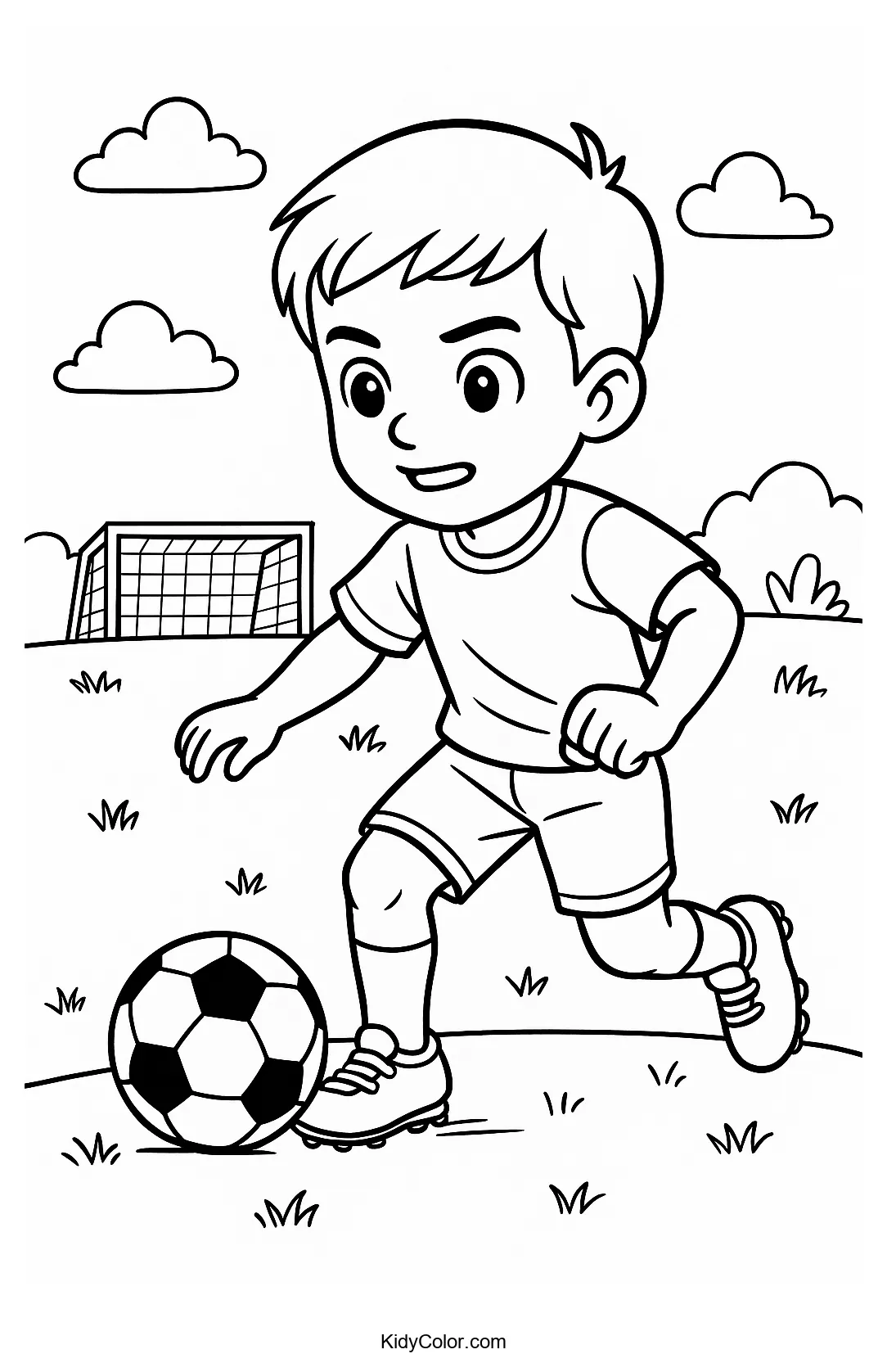 Boy dribbling soccer ball outside