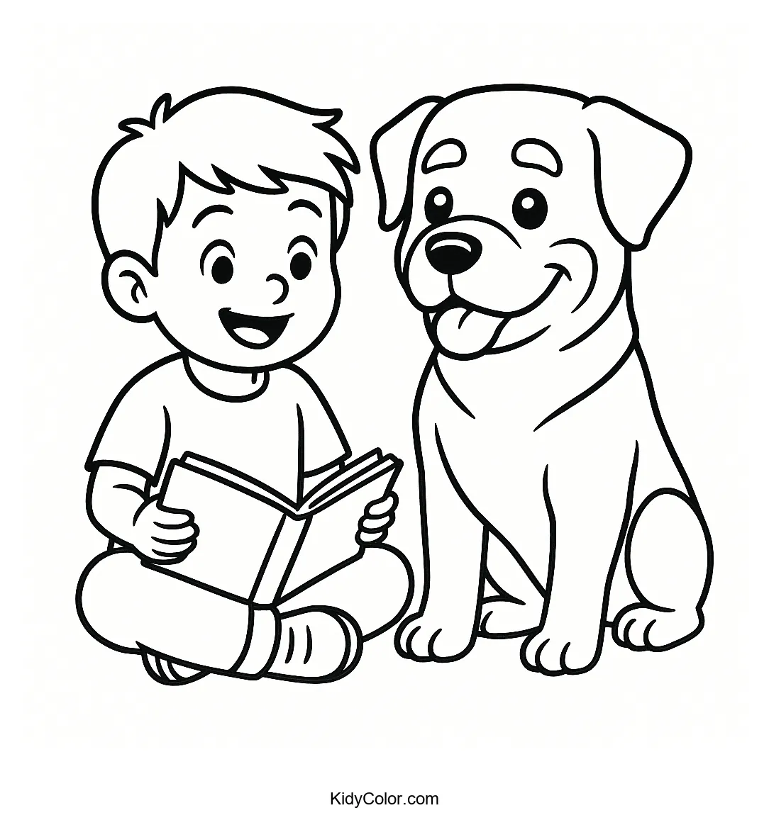 Boy and dog reading a story together
