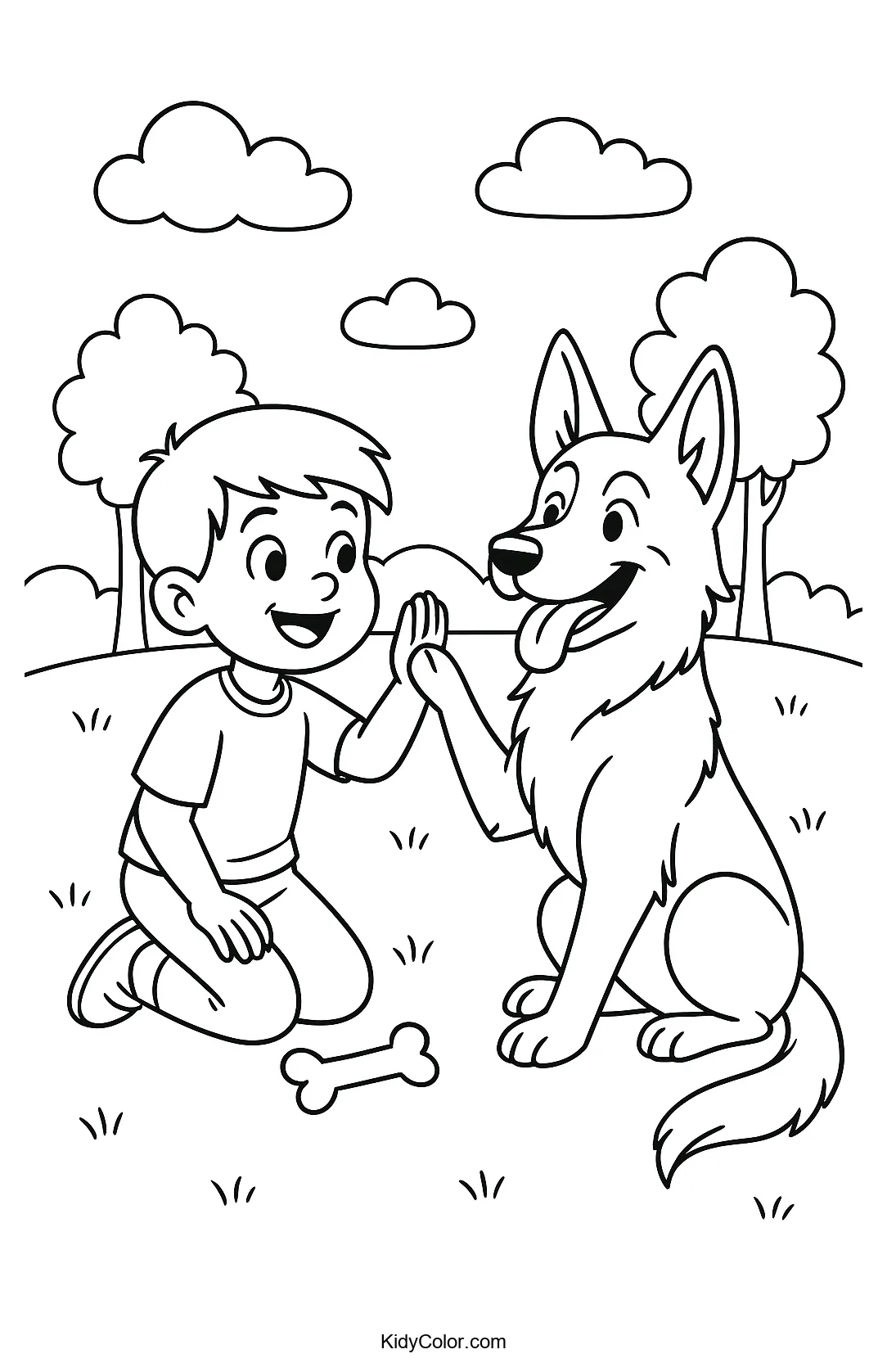 Boy and dog high-fiving in the park