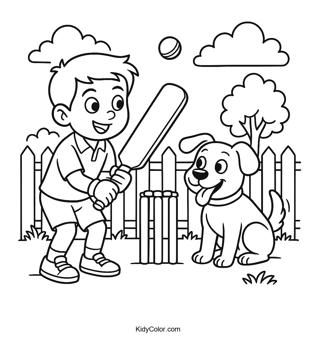 A boy and dog playing cricket.