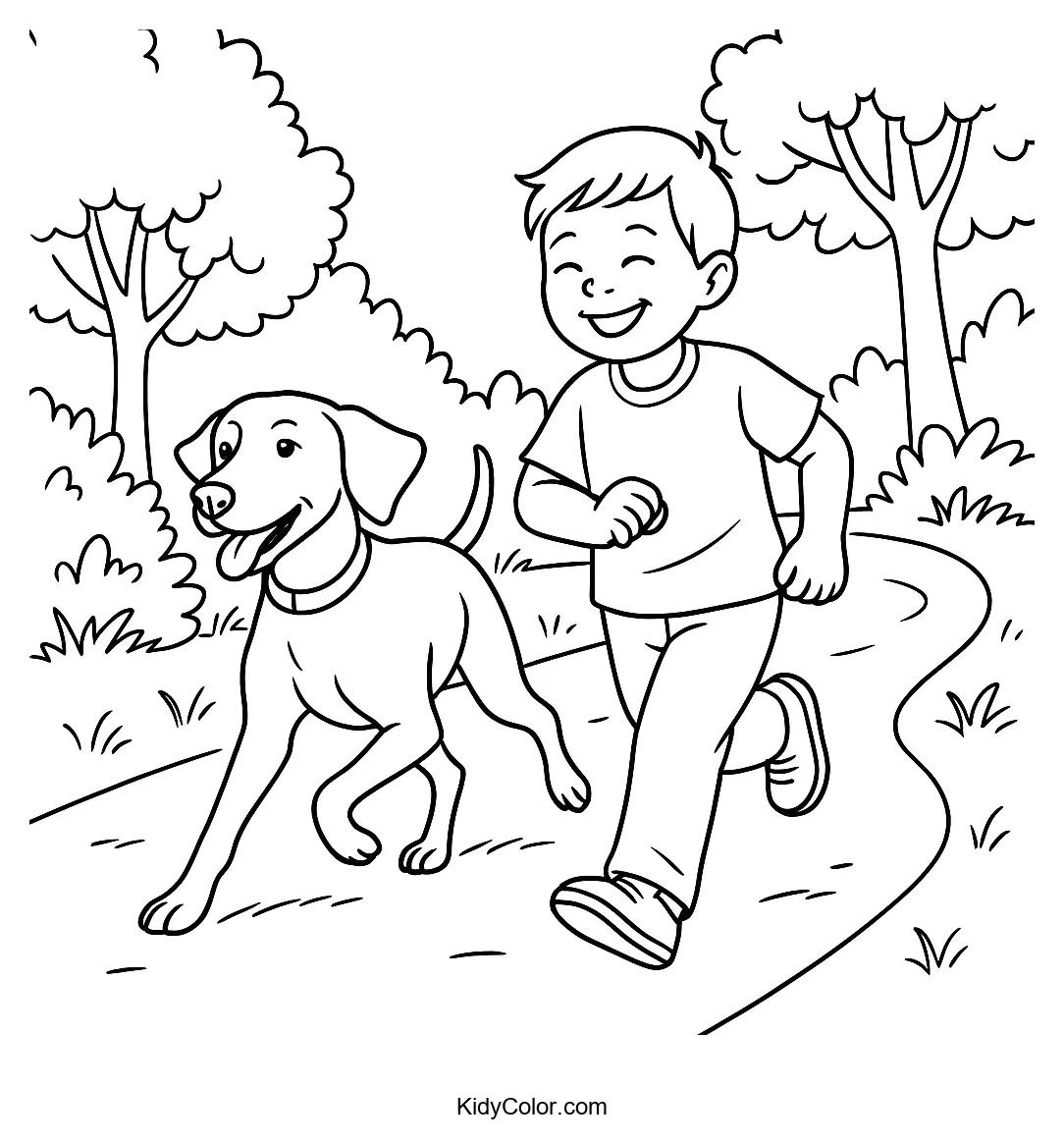 Boy walking with a dog on a path