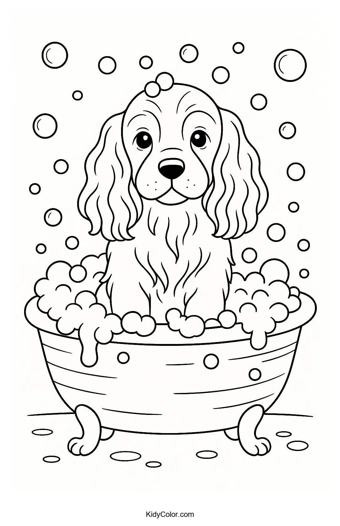 Cocker Spaniel in a bubble bath coloring page