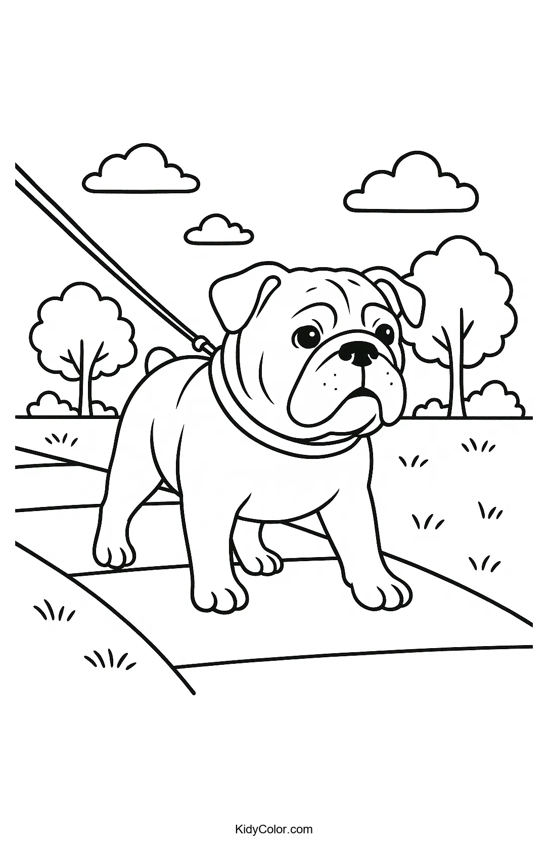 Bulldog strolling in the park coloring page
