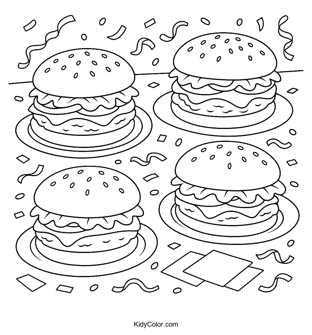 Burger feast on a party table coloring page