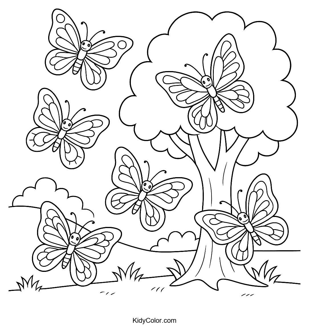Coloring page of butterflies and a tree in harmony