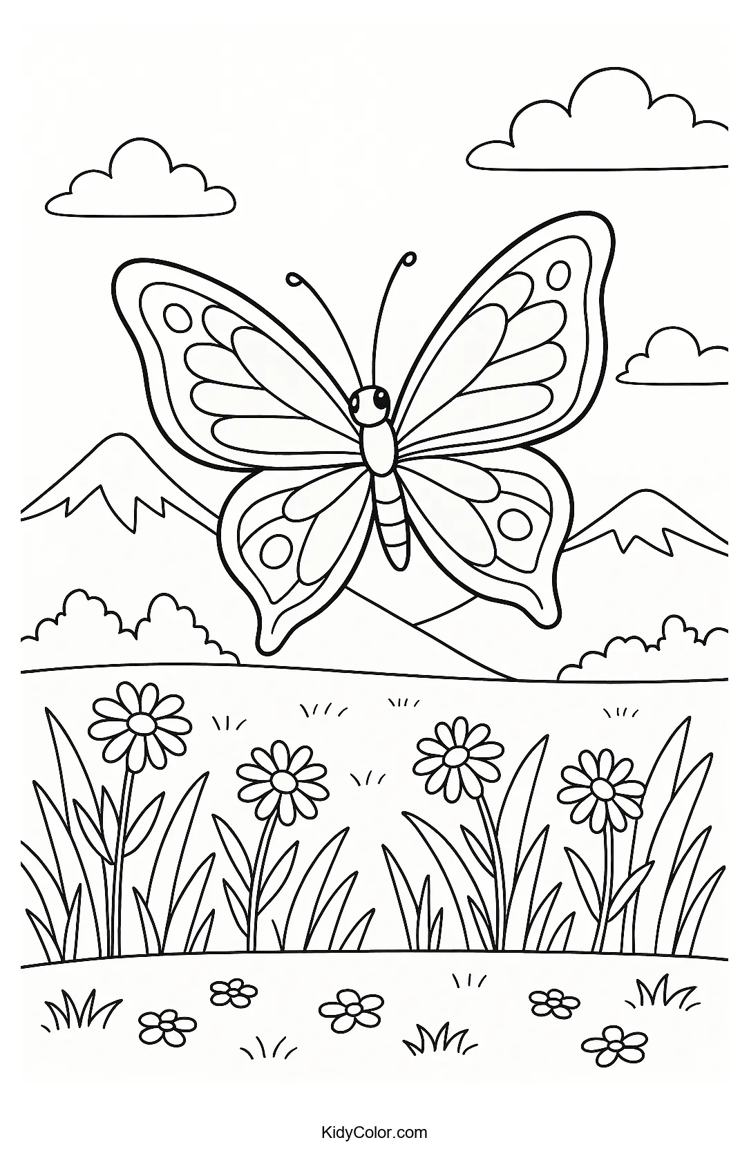 Butterfly above a meadow and mountains coloring page