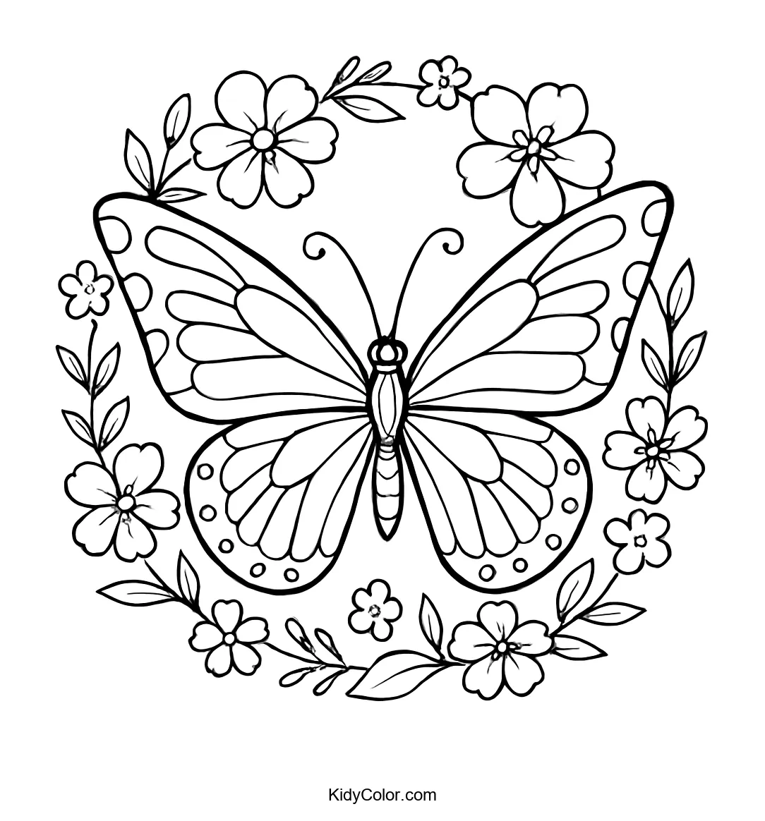 Butterfly surrounded by a floral frame coloring page.