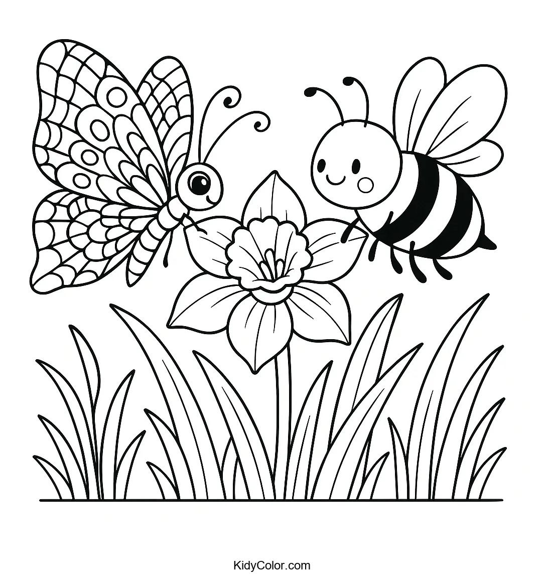 Butterfly and bee near a daffodil