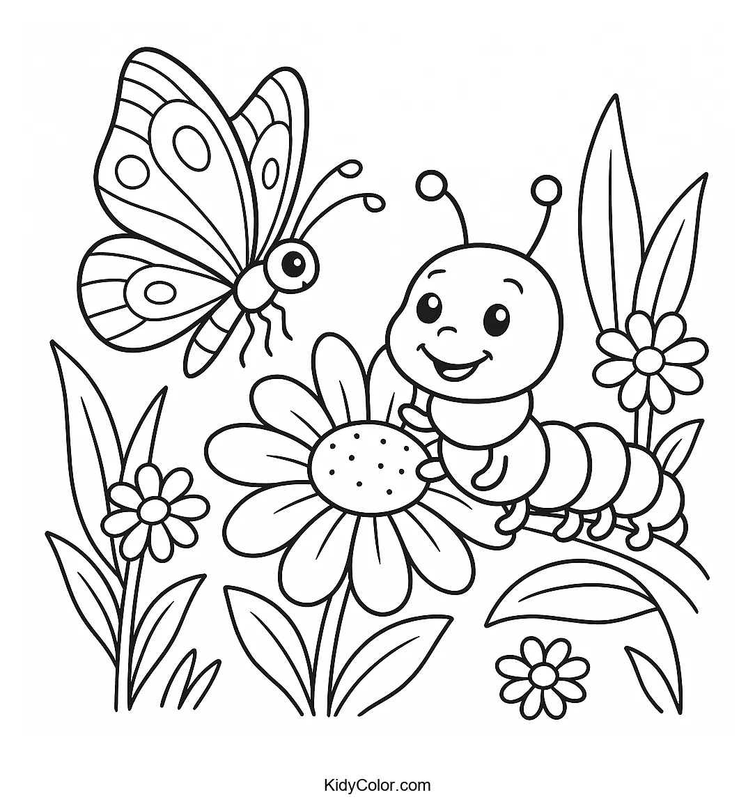Butterfly and caterpillar on a daisy coloring page