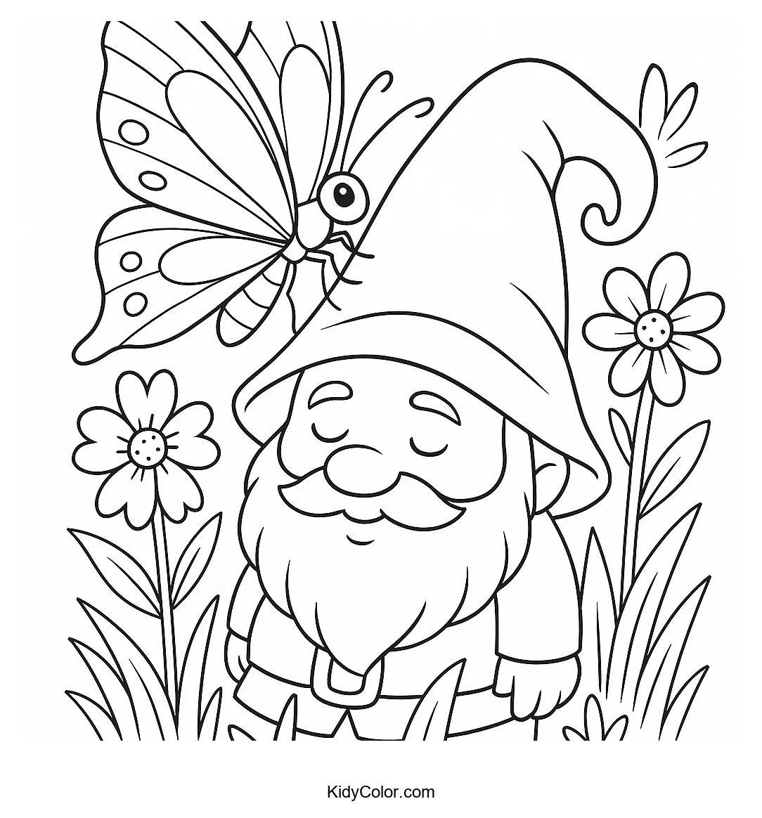 Coloring page of a butterfly and gnome in a garden